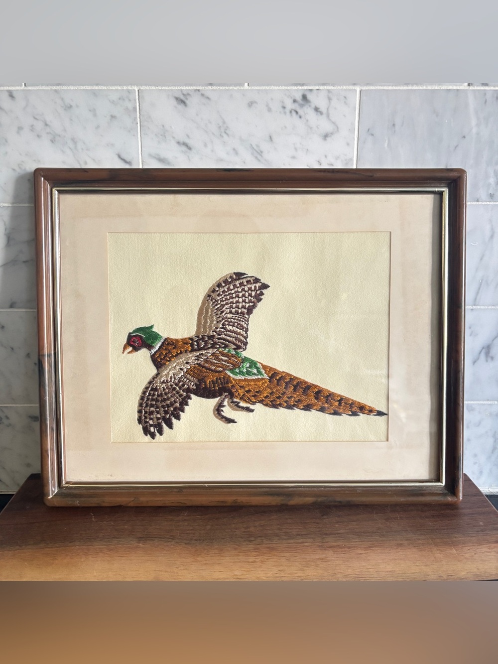 Vintage Framed Needlepoint Crewel Embroidered Art of Pheasant in Flight
